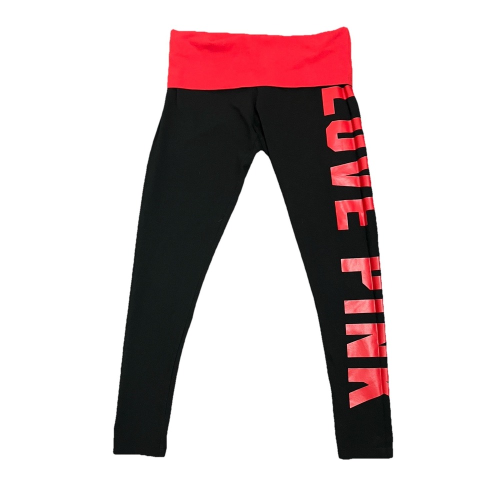 PINK Victoria's Secret Foldover Yoga Leggings Medium Love Pink Red Black Vintage